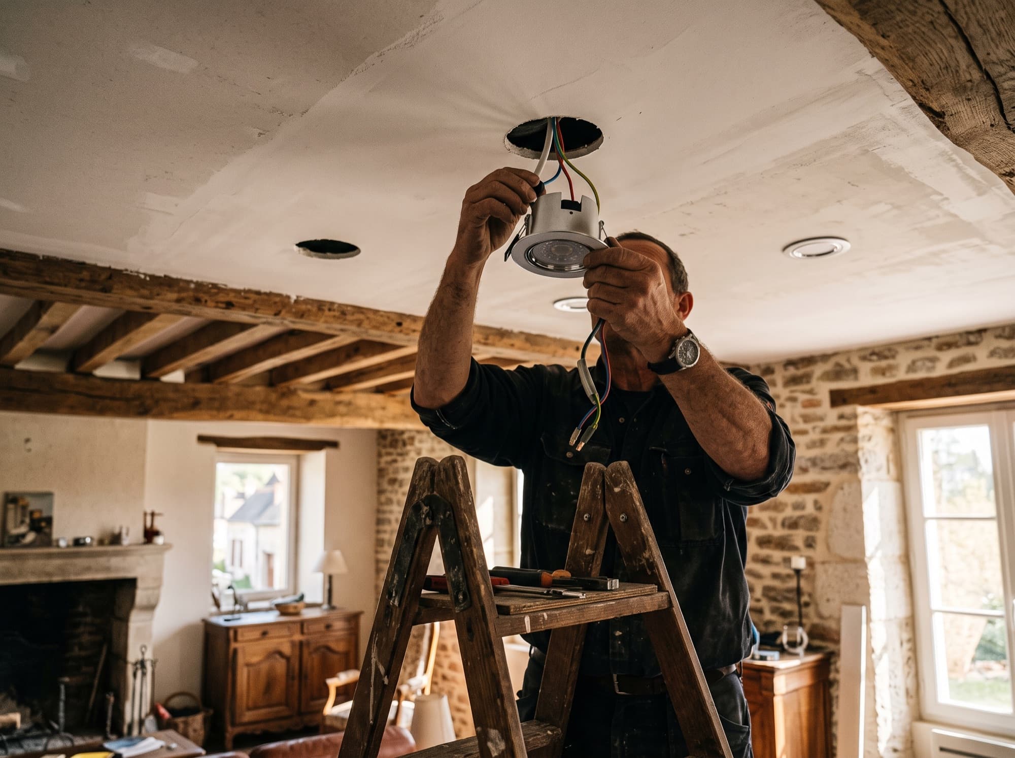 Spots encastrés au plafond d'une pièce à vivre